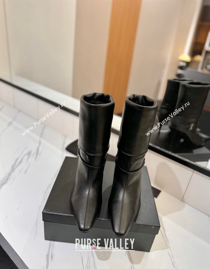 Saint Laurent Niki Heel Ankle Boots 10.5cm with YSL Strap in Calfskin Black 2024 (KL-241116004)