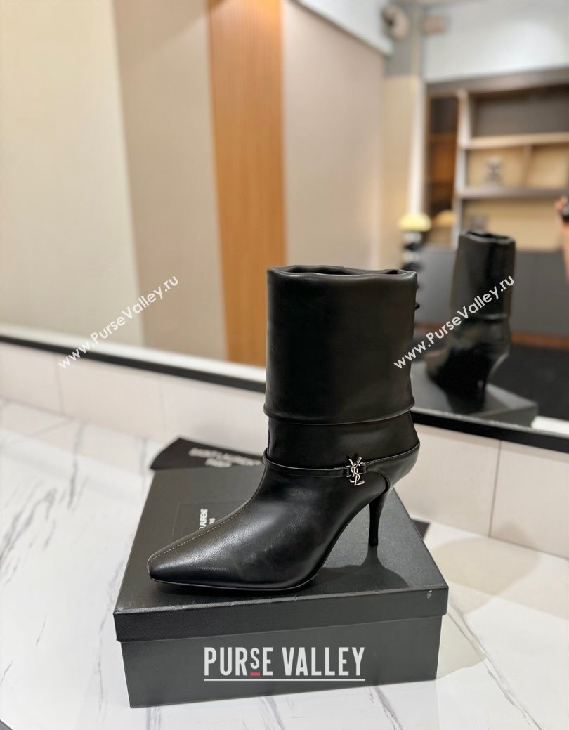 Saint Laurent Niki Heel Ankle Boots 10.5cm with YSL Strap in Calfskin Black 2024 (KL-241116004)