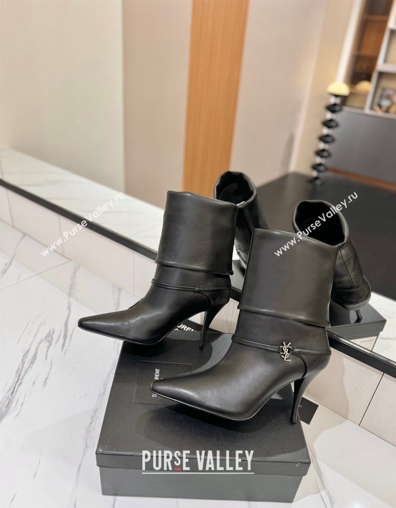 Saint Laurent Niki Heel Ankle Boots 10.5cm with YSL Strap in Calfskin Black 2024 (KL-241116004)