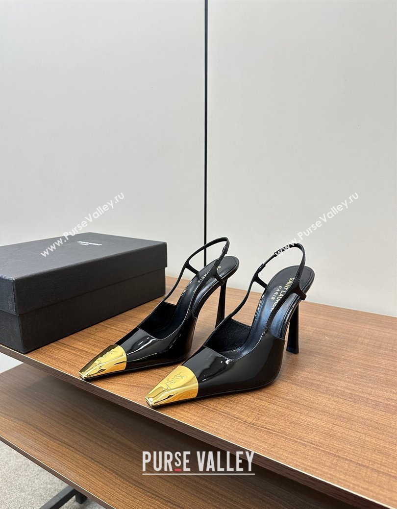 Saint Laurent Jeanne Slingback Pumps 9cm in Patent Leather Black/Gold 2024 (KL-241116001)