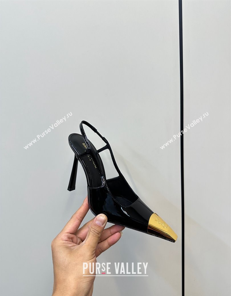 Saint Laurent Jeanne Slingback Pumps 9cm in Patent Leather Black/Gold 2024 (KL-241116001)