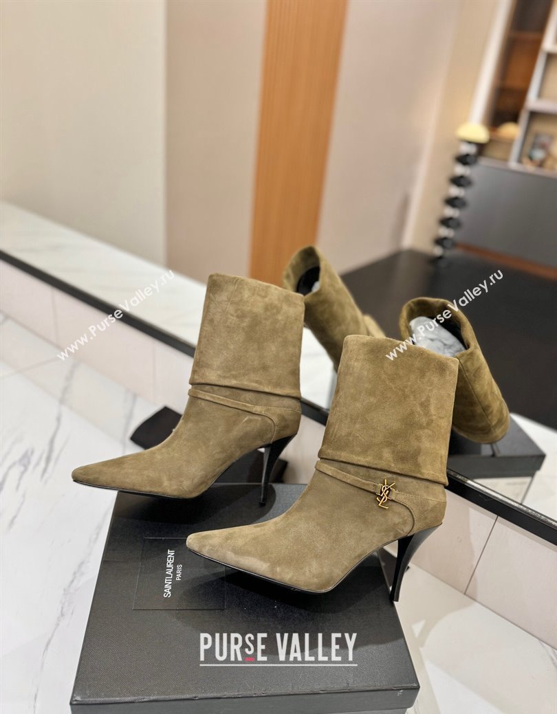 Saint Laurent Niki Heel Ankle Boots 10.5cm with YSL Strap in Suede Green 2024 (KL-241116007)