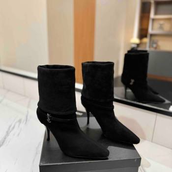 Saint Laurent Niki Heel Ankle Boots 10.5cm with YSL Strap in Suede Black 2024 (KL-241116008)