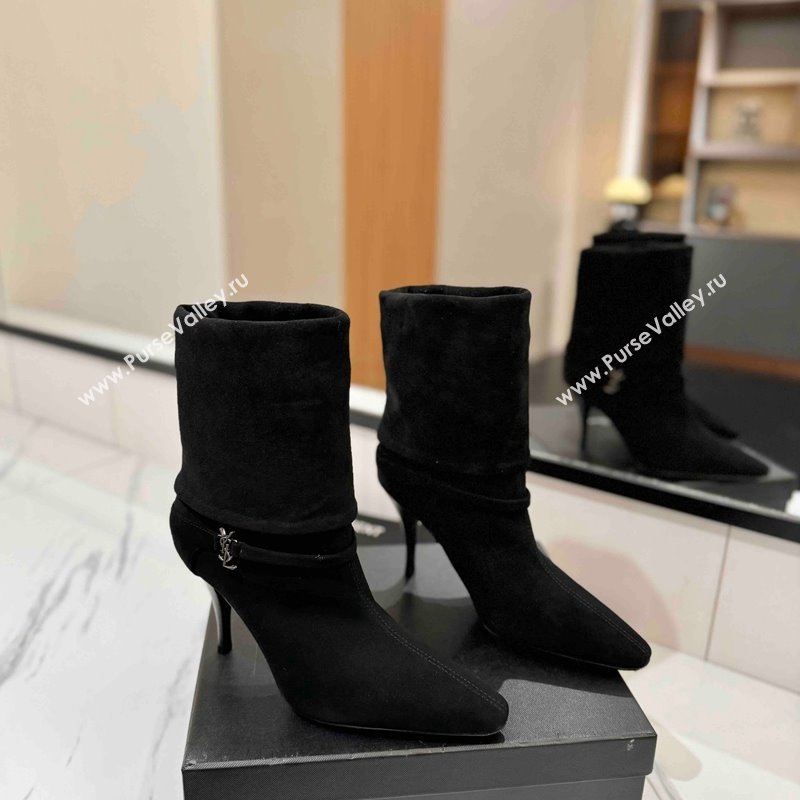 Saint Laurent Niki Heel Ankle Boots 10.5cm with YSL Strap in Suede Black 2024 (KL-241116008)