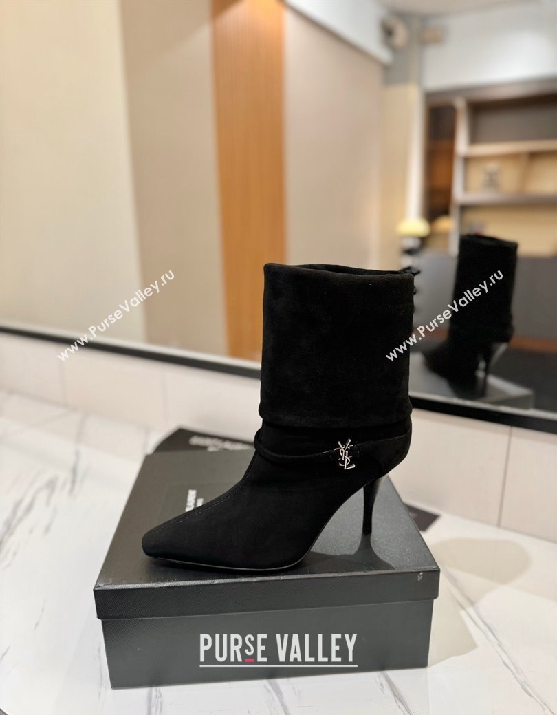 Saint Laurent Niki Heel Ankle Boots 10.5cm with YSL Strap in Suede Black 2024 (KL-241116008)