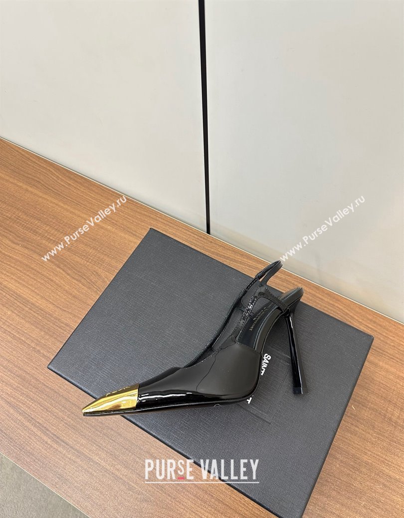 Saint Laurent Jeanne Slingback Pumps 9cm in Patent Leather Black/Gold 2024 (KL-241116001)
