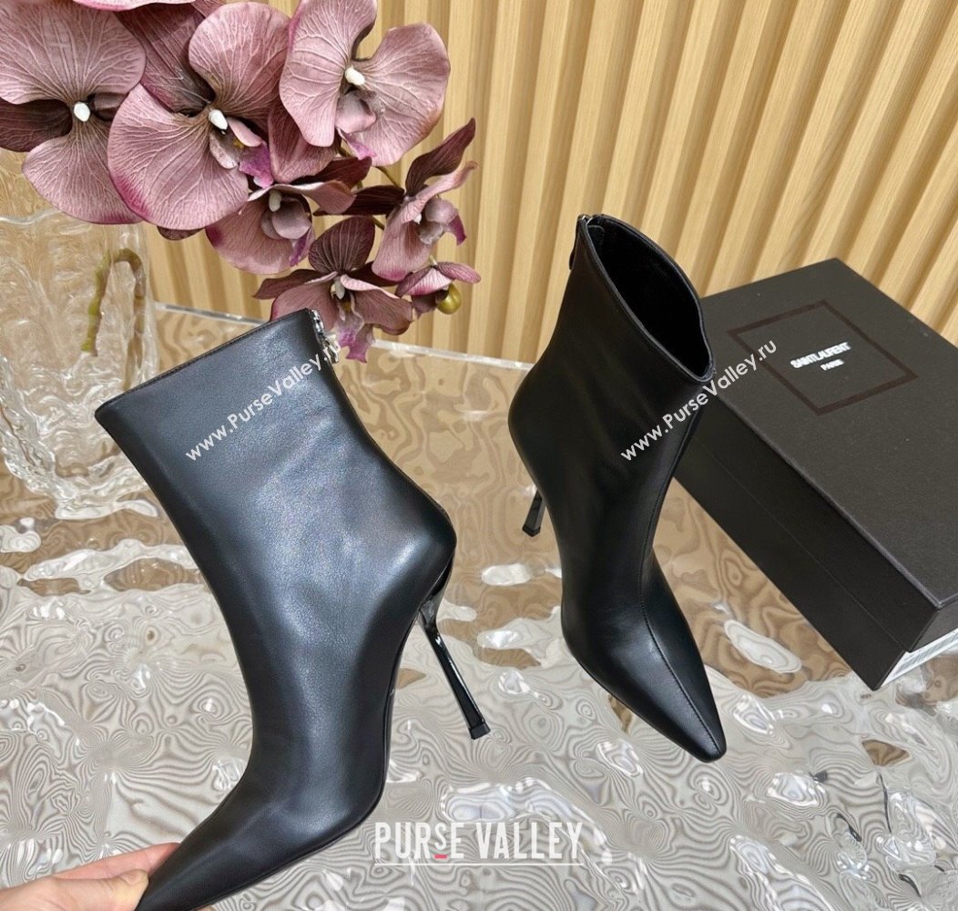 Saint Laurent Calfskin Pointed Ankle Boots 10cm Black 2024 YSL111602 (SS-241116014)