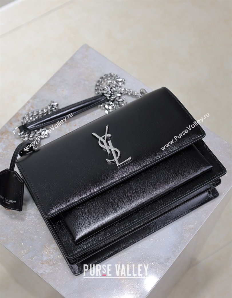 Saint Laurent Sunset Medium Bag in Box Leather 442906 Black/Silver 2024 (YY-241217109)