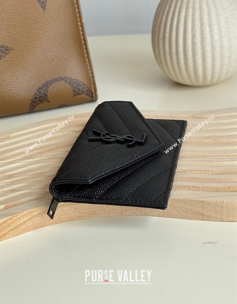 Saint Laurent Cassandre Matelasse Fragments Flap Card Case in Grianed Leather All Black 2024 612808 (YY-241218099)