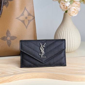 Saint Laurent Cassandre Matelasse Fragments Flap Card Case in Grianed Leather Black/Silver 2024 612808 (YY-241218100)