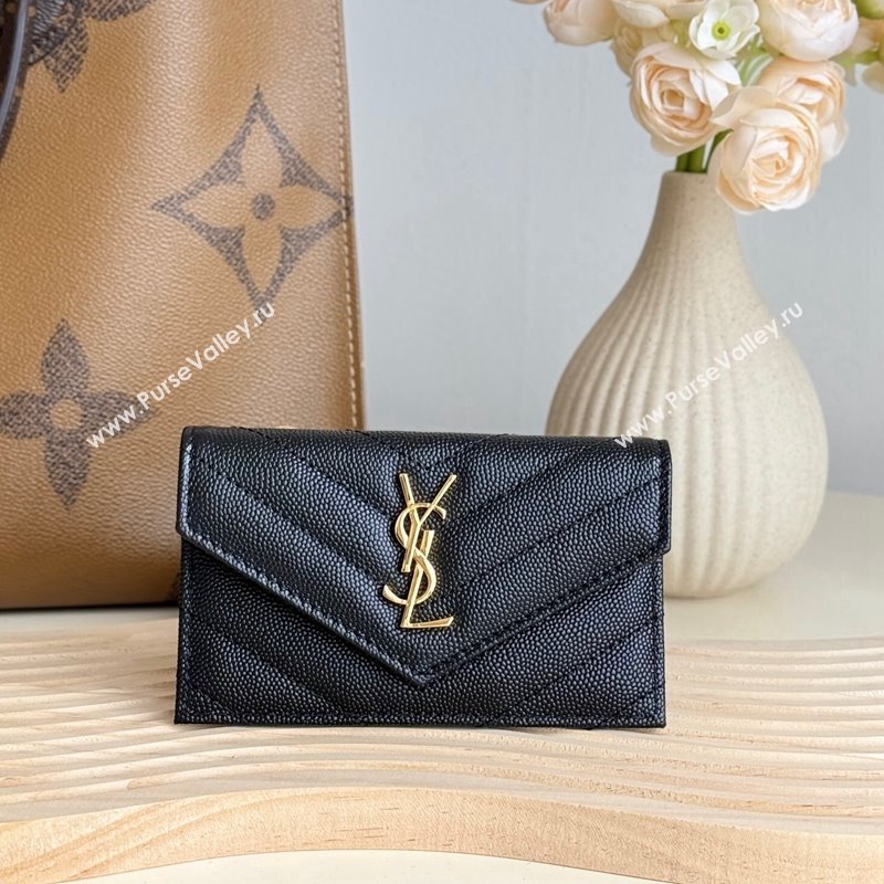 Saint Laurent Cassandre Matelasse Fragments Flap Card Case in Grianed Leather Black/Gold 2024 612808 (YY-241218101)