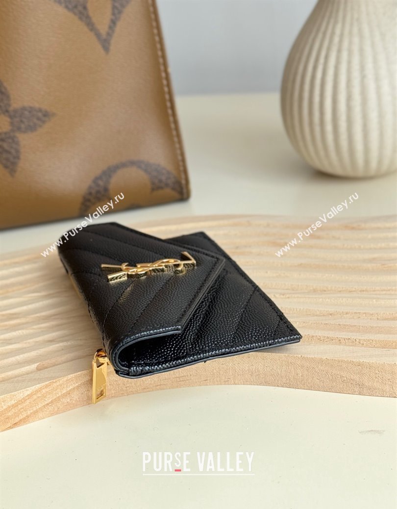 Saint Laurent Cassandre Matelasse Fragments Flap Card Case in Grianed Leather Black/Gold 2024 612808 (YY-241218101)