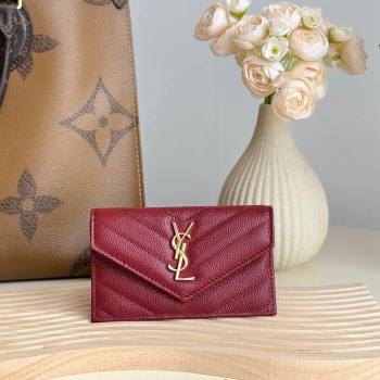 Saint Laurent Cassandre Matelasse Fragments Flap Card Case in Grianed Leather Burgundy 2024 612808 (YY-241218107)