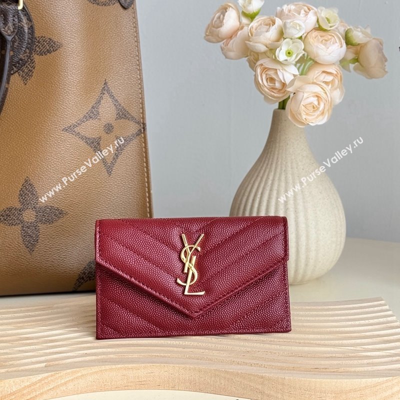 Saint Laurent Cassandre Matelasse Fragments Flap Card Case in Grianed Leather Burgundy 2024 612808 (YY-241218107)