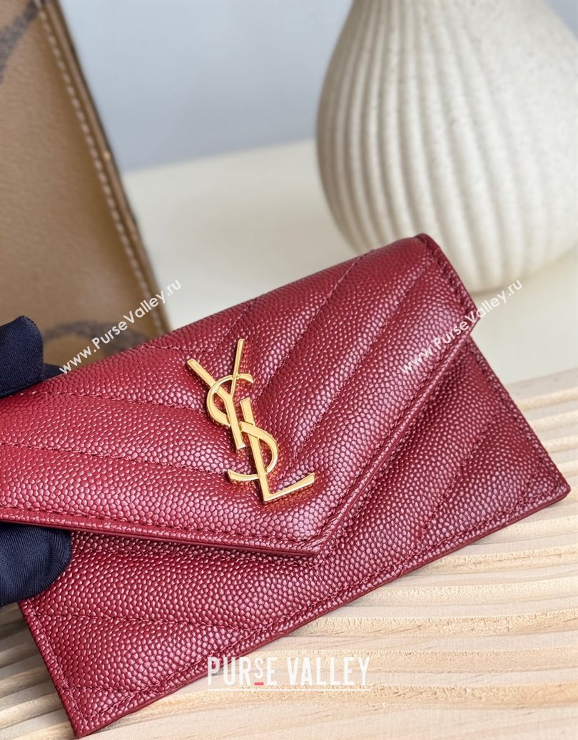 Saint Laurent Cassandre Matelasse Fragments Flap Card Case in Grianed Leather Burgundy 2024 612808 (YY-241218107)