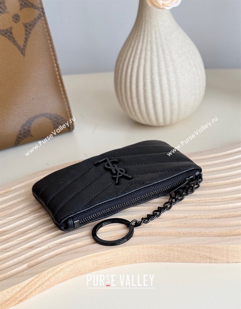 Saint Laurent Cassandre Matelasse Key Pouch in Grianed Leather All Black 2024 438386 (YY-241218108)