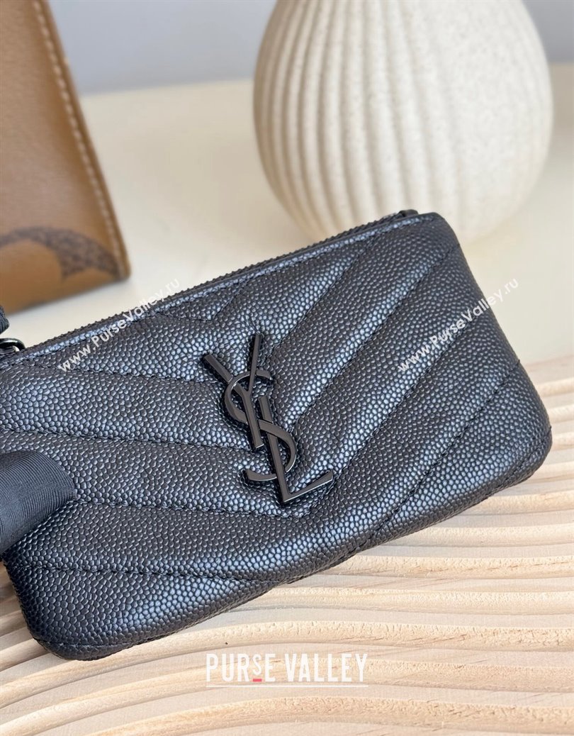 Saint Laurent Cassandre Matelasse Key Pouch in Grianed Leather All Black 2024 438386 (YY-241218108)