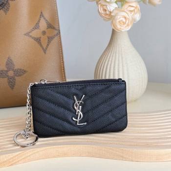 Saint Laurent Cassandre Matelasse Key Pouch in Grianed Leather Black/Silver 2024 438386 (YY-241218109)