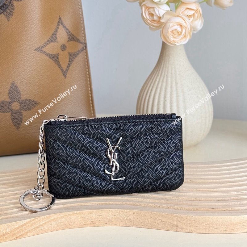 Saint Laurent Cassandre Matelasse Key Pouch in Grianed Leather Black/Silver 2024 438386 (YY-241218109)