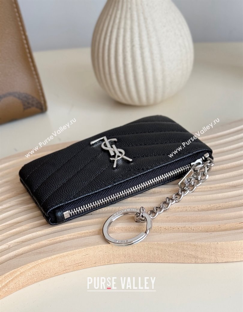Saint Laurent Cassandre Matelasse Key Pouch in Grianed Leather Black/Silver 2024 438386 (YY-241218109)