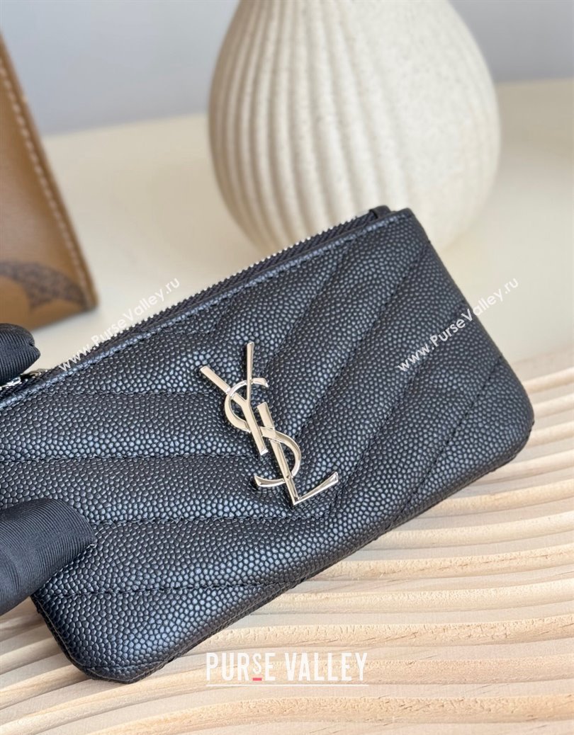 Saint Laurent Cassandre Matelasse Key Pouch in Grianed Leather Black/Silver 2024 438386 (YY-241218109)