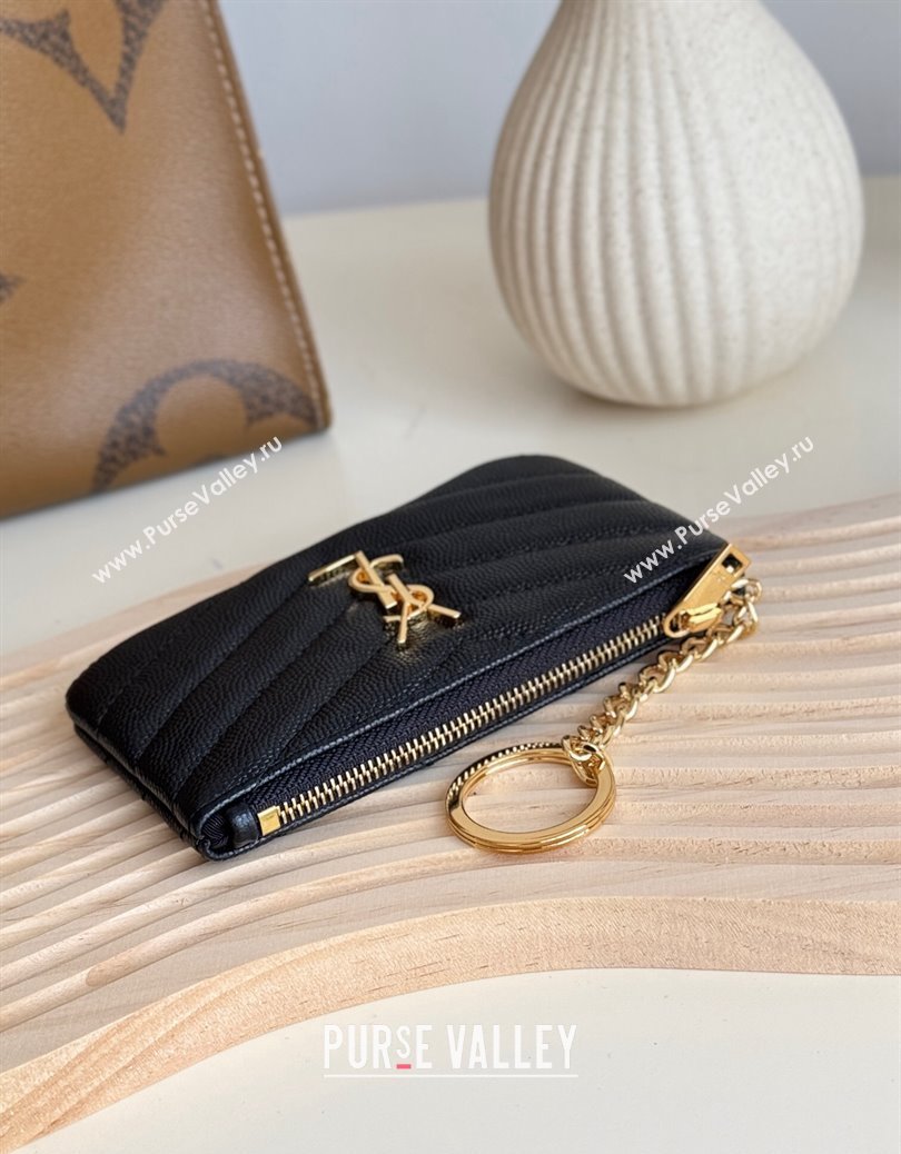 Saint Laurent Cassandre Matelasse Key Pouch in Grianed Leather Black/Gold 2024 438386 (YY-241218110)