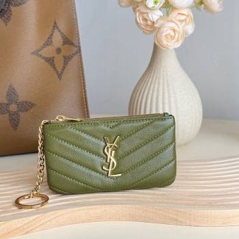 Saint Laurent Cassandre Matelasse Key Pouch in Grianed Leather Green 2024 438386 (YY-241218112)