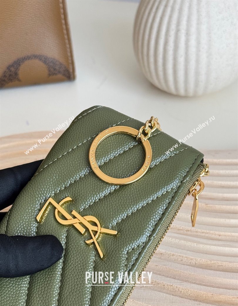 Saint Laurent Cassandre Matelasse Key Pouch in Grianed Leather Green 2024 438386 (YY-241218112)