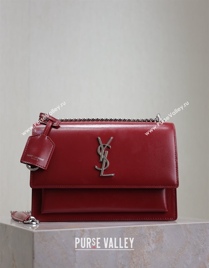 Saint Laurent Sunset Medium Bag in Box Leather 442906 Red/Silver 2024 (YY-241217112)