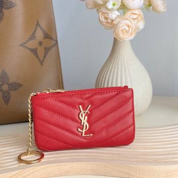 Saint Laurent Cassandre Matelasse Key Pouch in Grianed Leather Red 2024 438386 (YY-241218115)