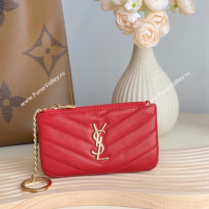 Saint Laurent Cassandre Matelasse Key Pouch in Grianed Leather Red 2024 438386 (YY-241218115)