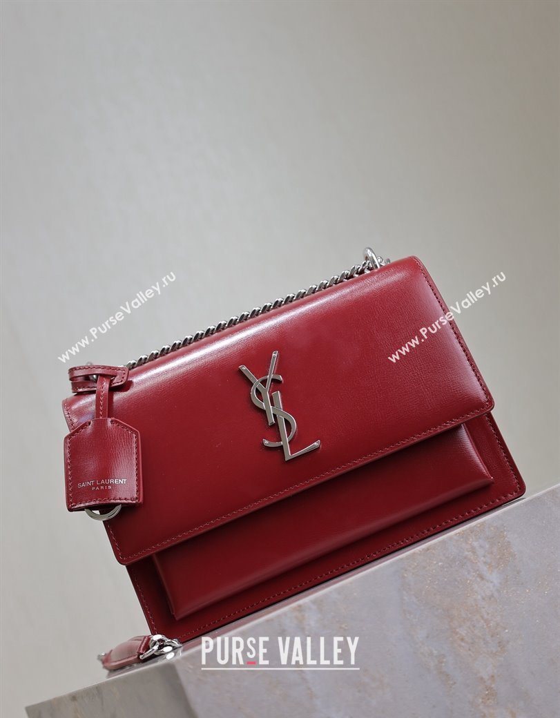 Saint Laurent Sunset Medium Bag in Box Leather 442906 Red/Silver 2024 (YY-241217112)