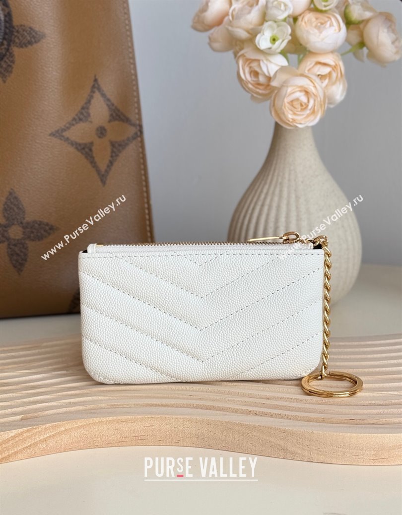 Saint Laurent Cassandre Matelasse Key Pouch in Grianed Leather White 2024 438386 (YY-241218116)