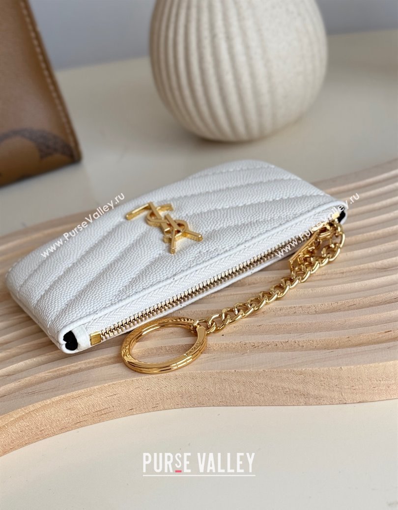 Saint Laurent Cassandre Matelasse Key Pouch in Grianed Leather White 2024 438386 (YY-241218116)