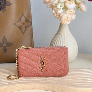 Saint Laurent Cassandre Matelasse Key Pouch in Grianed Leather Coral Pink 2024 438386 (YY-241218117)