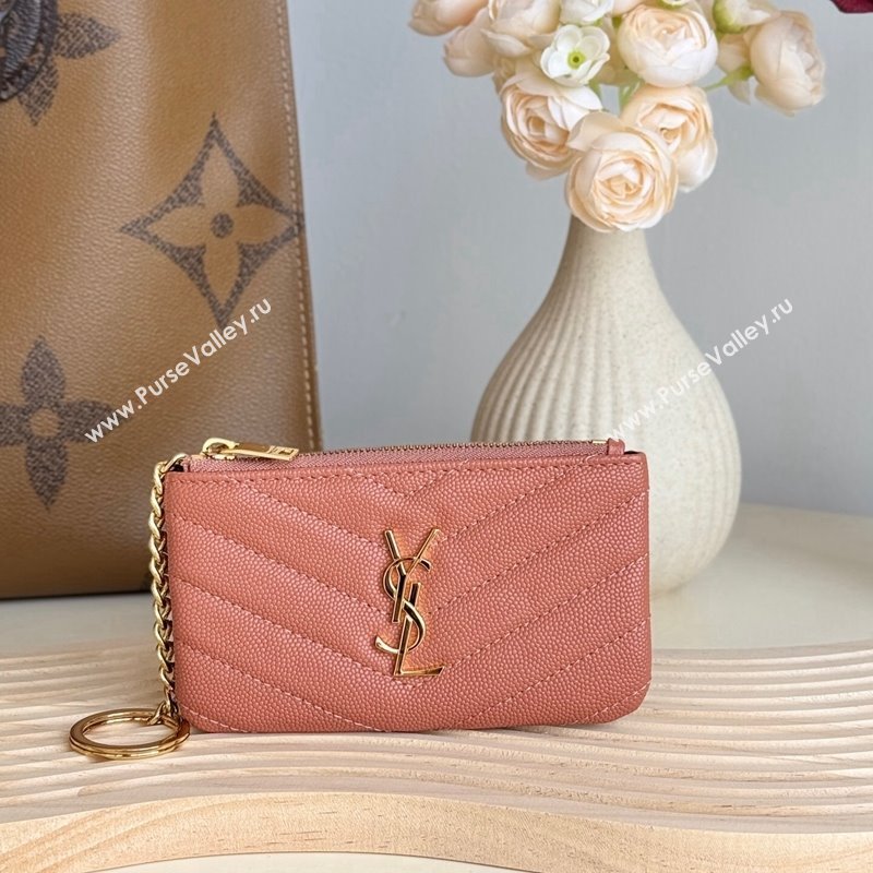 Saint Laurent Cassandre Matelasse Key Pouch in Grianed Leather Coral Pink 2024 438386 (YY-241218117)