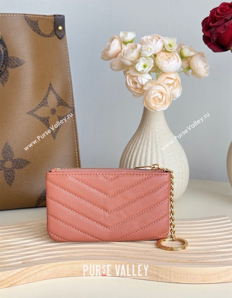 Saint Laurent Cassandre Matelasse Key Pouch in Grianed Leather Coral Pink 2024 438386 (YY-241218117)