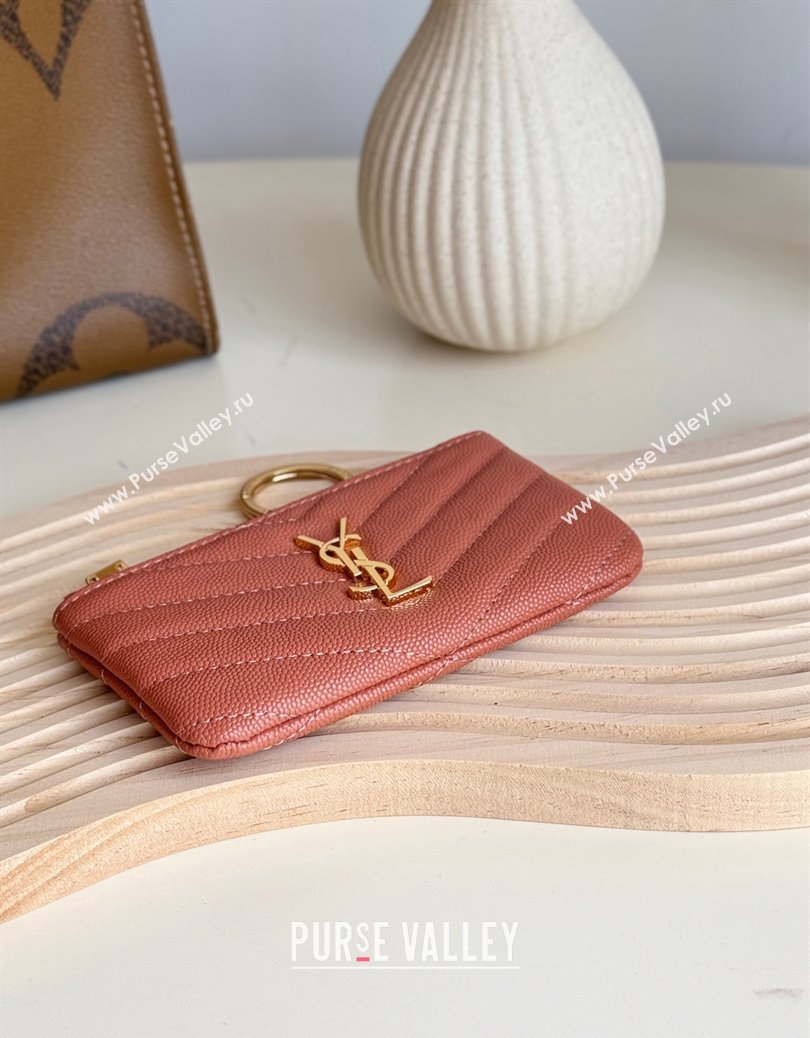 Saint Laurent Cassandre Matelasse Key Pouch in Grianed Leather Coral Pink 2024 438386 (YY-241218117)