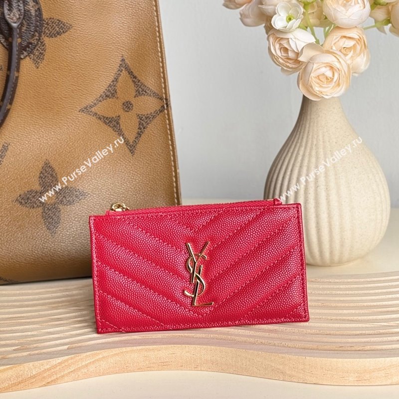 Saint Laurent Matelasse Fragments Card Case in Grianed Leather Red 2024 607915 (YY-241218121)