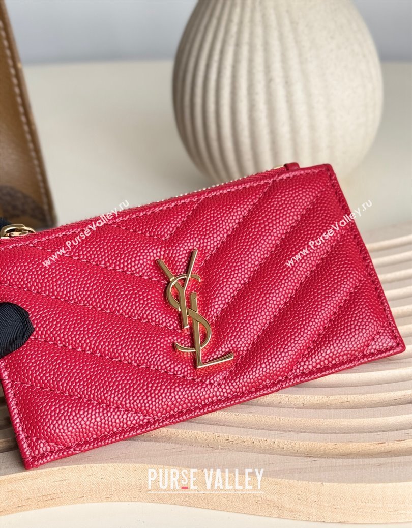 Saint Laurent Matelasse Fragments Card Case in Grianed Leather Red 2024 607915 (YY-241218121)