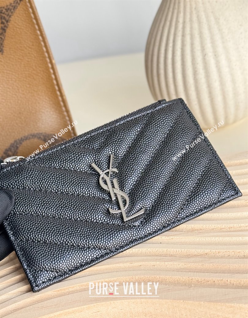 Saint Laurent Matelasse Fragments Card Case in Grianed Leather Black/Silver 2024 607915 (YY-241218122)