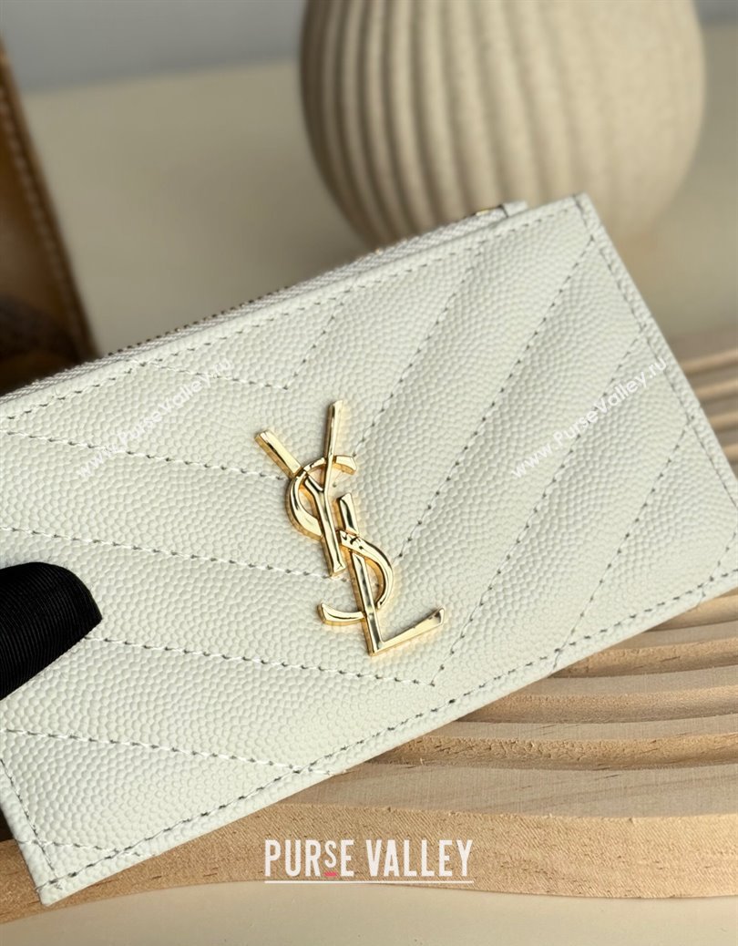 Saint Laurent Matelasse Fragments Card Case in Grianed Leather White 2024 607915 (YY-241218125)