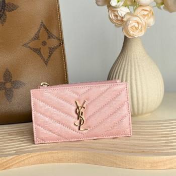 Saint Laurent Matelasse Fragments Card Case in Grianed Leather Light Pink 2024 607915 (YY-241218127)