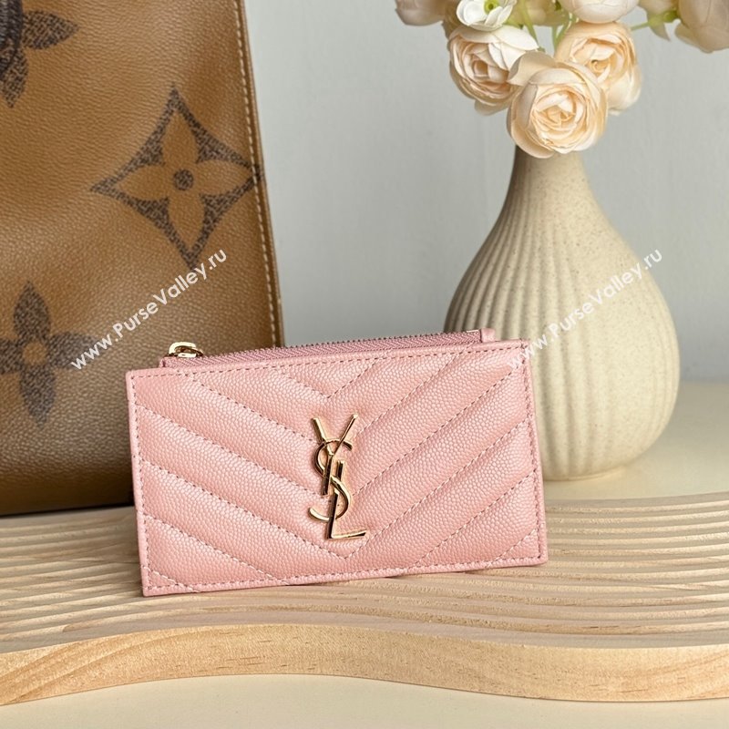 Saint Laurent Matelasse Fragments Card Case in Grianed Leather Light Pink 2024 607915 (YY-241218127)