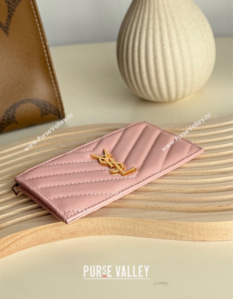 Saint Laurent Matelasse Fragments Card Case in Grianed Leather Light Pink 2024 607915 (YY-241218127)