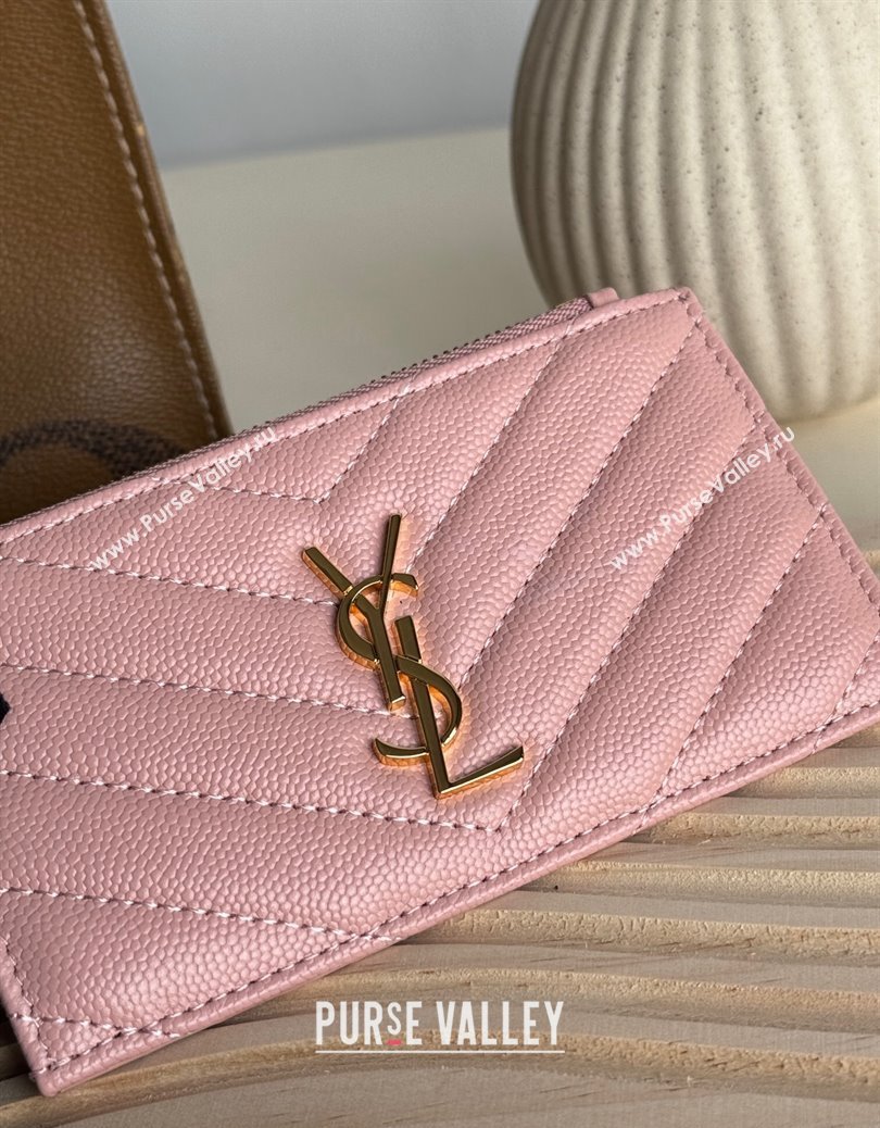 Saint Laurent Matelasse Fragments Card Case in Grianed Leather Light Pink 2024 607915 (YY-241218127)