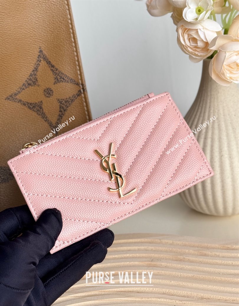 Saint Laurent Matelasse Fragments Card Case in Grianed Leather Light Pink 2024 607915 (YY-241218127)