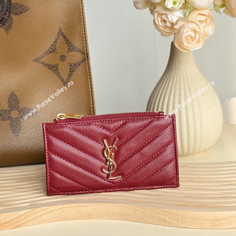 Saint Laurent Matelasse Fragments Card Case in Grianed Leather Burgundy 2024 607915 (YY-241218129)