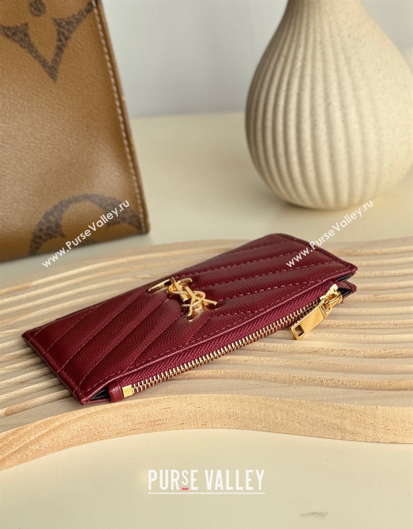 Saint Laurent Matelasse Fragments Card Case in Grianed Leather Burgundy 2024 607915 (YY-241218129)