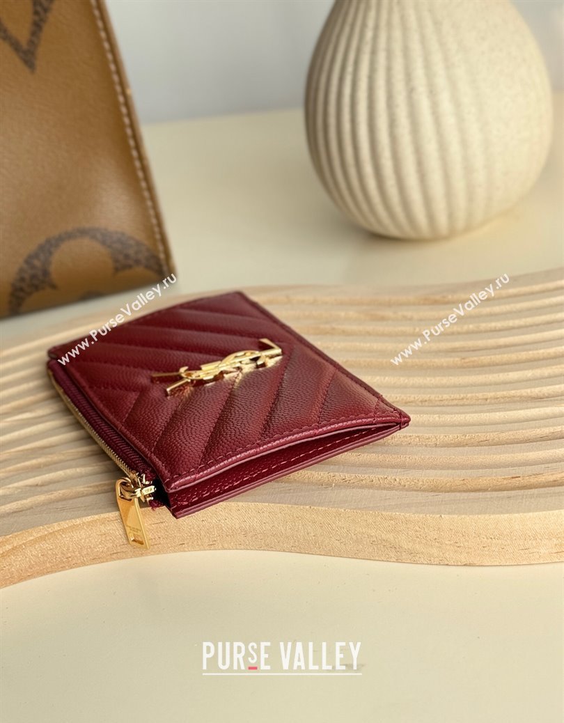 Saint Laurent Matelasse Fragments Card Case in Grianed Leather Burgundy 2024 607915 (YY-241218129)